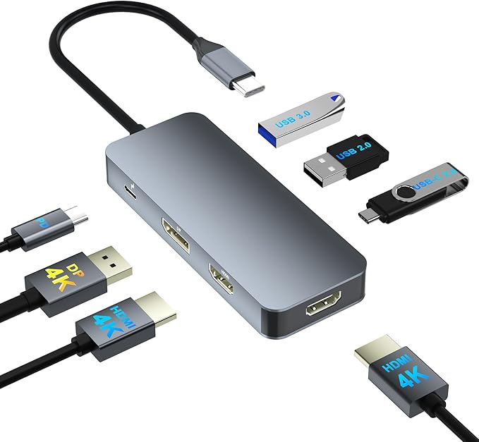 Docking Station Dual Monitor for Dell/HP/Mac, 7 in 1 Laptop Docking Station 3 Monitors with 2 HDMI 4K@60Hz/Displayport/3 USB/100W PD, Dual Monitor Adapter, Dual HDMI Adapter for 2 Monitors, USB C Hub