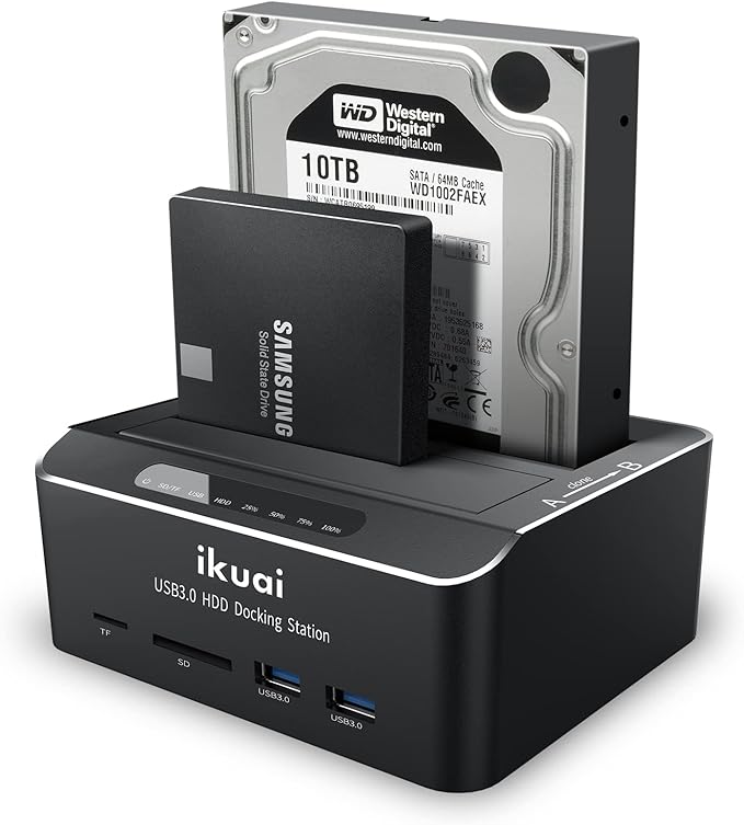 SATA to USB 3.0 Dual Bay Hard Drive Dock for 2.5"/3.5" SATA HDD SSD with Micro SD Card Reader 2 USB 3.0 Port, Offline Clone Function External Hard Drive Docking Station, 2X20TB and UASP Support