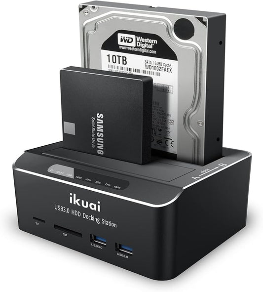 SATA to USB 3.0 Dual Bay Hard Drive Dock for 2.5"/3.5" SATA HDD SSD with Micro SD Card Reader 2 USB 3.0 Port, Offline Clone Function External Hard Drive Docking Station, 2X20TB and UASP Support