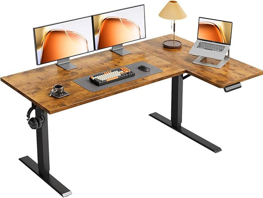 OffiGo Electric L Shaped Standing Desk, 55 Inches Height Adjustable Table, Reversiable Corner Stand Up Desk, Lifting Computer Table for Home Office, Computer Workstation, Rustic Brown
