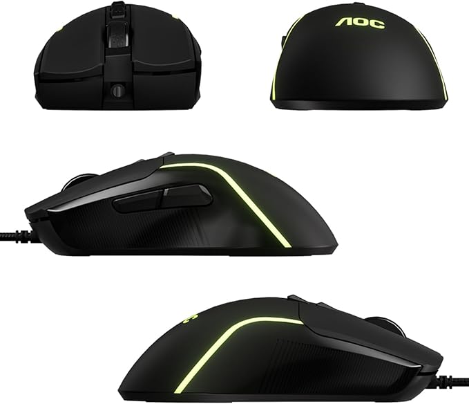 AOC GM170 Wired Gaming Mouse, Black Ergonomic Gamer Corded Mouse USB Computer Mouse Wired with 7 Buttons, Adjustable 7200DPI Optical Game Mice RGB Lighting for PC Laptop Desktop