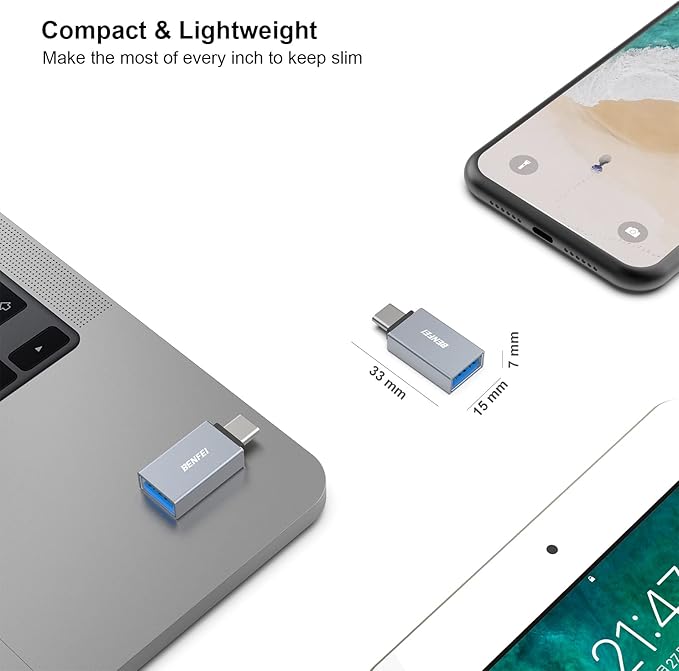 BENFEI USB C to USB 3.0 Adapter, 3 Pack USB C to A Male to Female Adapter Compatible with iPhone 15 Pro/Max, MacBook Pro/Air 2023, iPad Pro, iMac, S23, XPS 17, Surface Book 3 and More - Gray
