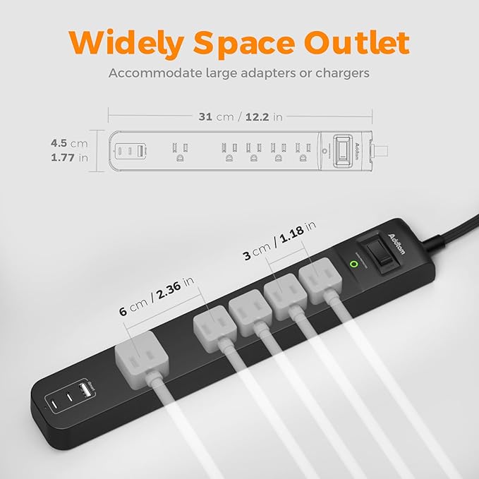 10Ft Surge Protector Power Strip- Addtam Extension Cord with 5 AC Outlets 3 USB Ports(2 USB C), 1875W/15A, Flat Plug, Outlet Extender for Home Office Supplies College Dorm Room Essentials,ETL Listed