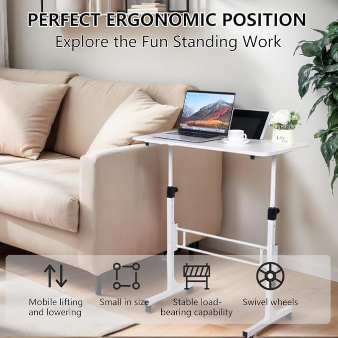 Adjustable Height Rolling Standing Desk with Lockable Wheels,Compact Laptop Desk for Home Office, Dorm, or Bedroom - 15.75" x31.5” - White