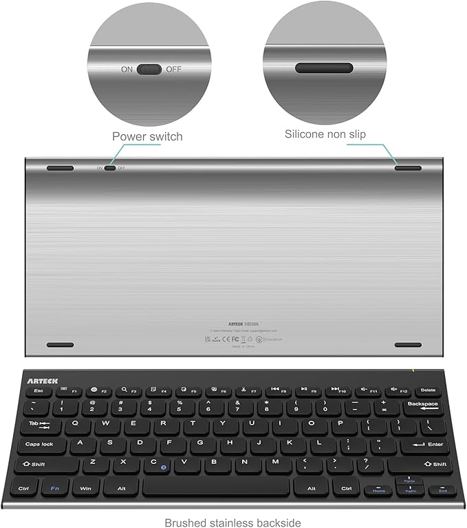 Arteck Bluetooth Keyboard, Stainless Steel Universal Portable Wireless Bluetooth Keyboard for iOS iPad 10.2-inch, Air, Pro, Mini, Android, Windows Tablets PC Smartphone Built in Rechargeable Battery