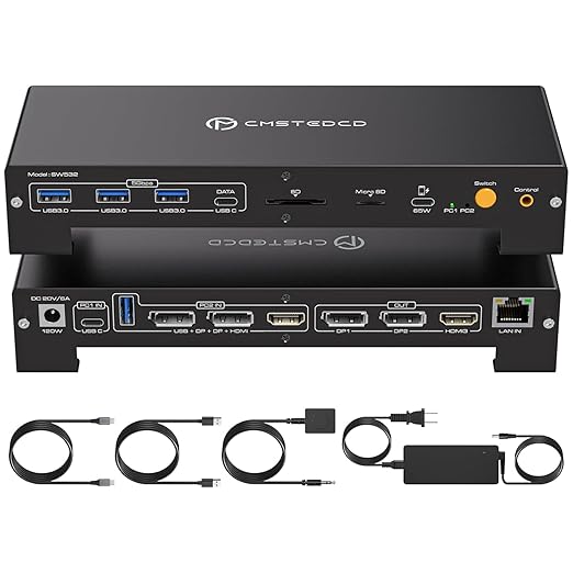 USB C KVM Docking Station Switch 3 Montors 2 Computers with 100W PD Supply Hybrid Displayport and HDMI KVM Triple 4K60Hz or Dual 4K144Hz Extended Display for Laptop and PC Share 15 in 1 Dock