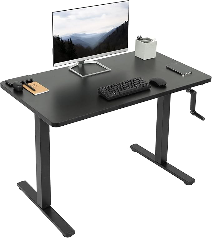 VIVO Manual Height Adjustable 43 x 24 inch Stand Up Desk, Black Solid One-Piece Table Top, Black Frame, Standing Workstation with Foldable Handle, DESK-KIT-MB4B