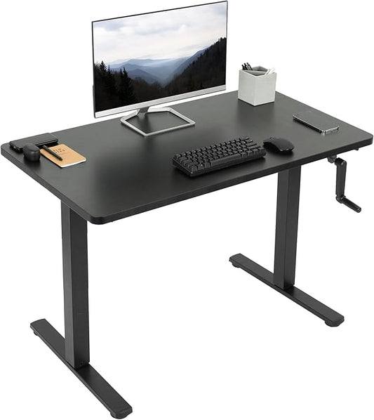 VIVO Manual Height Adjustable 43 x 24 inch Stand Up Desk, Black Solid One-Piece Table Top, Black Frame, Standing Workstation with Foldable Handle, DESK-KIT-MB4B