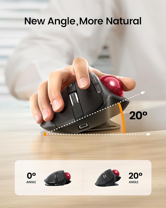 ProtoArc Wireless Trackball Mouse, EM01 NL Ergonomic Bluetooth Rollerball Thumb Rechargeable Computer Laptop Mouse, Adjustable Angle & 3 Device Connection for PC, Mac, Windows-Red Ball