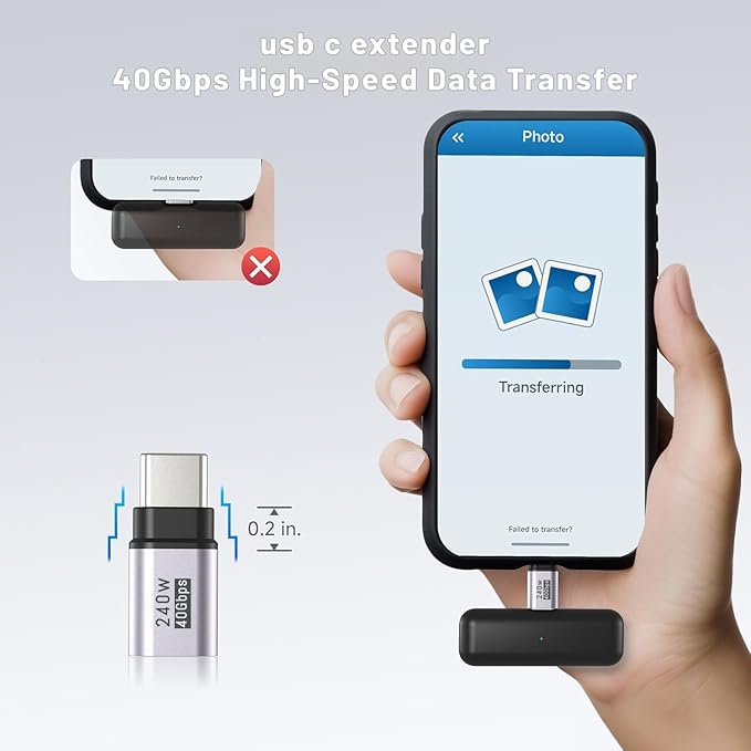 USB C Extender Adapter Straight (3 Pack) 40Gbps 240W Cable Extension Type-C Low Profile Male to Female Thunderbolt QC & Data Transfer for USB-C Devices（Silver Gray）