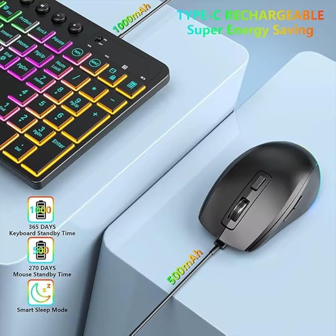 Wireless Keyboard and Mouse Combo, 2.4Ghz Rechargeable, 114-Key Full Size Keyboard with RGB Backlight, Phone Tablet Holder, Silent Ergonomic Keyboard & Mouse for Home, Office, Gaming