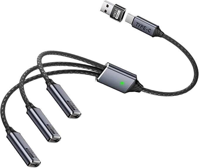 Danfetsoy USB C Splitter 1 in 3 Out Cable, USB C Y Splitter 1 Male to 3 Female Charging Cable & Type A Male to Type C Female Adapter Extension Converter for Laptop, MacBook, Phone, Hard Drive, 25cm