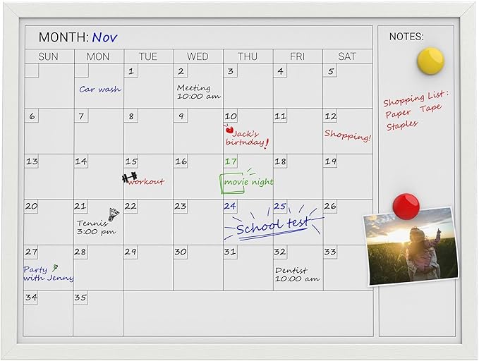 Comix Dry Erase Calendar for Wall, Magnetic Calendar Whiteboard with White Wood Frame, 24 * 18 inches Decorative Planner Board for Office, Kitchen, School, Home