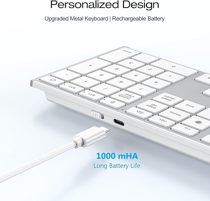 OMOTON Wireless Keyboard for Mac with Forged Metal Frame - 2.4G & Dual Bluetooth (BT1/BT2), Type-C/USB A Receiver, Ultra-Thin, Backlit, Full Size Keyboard for Mac/MacBook/iMac, White