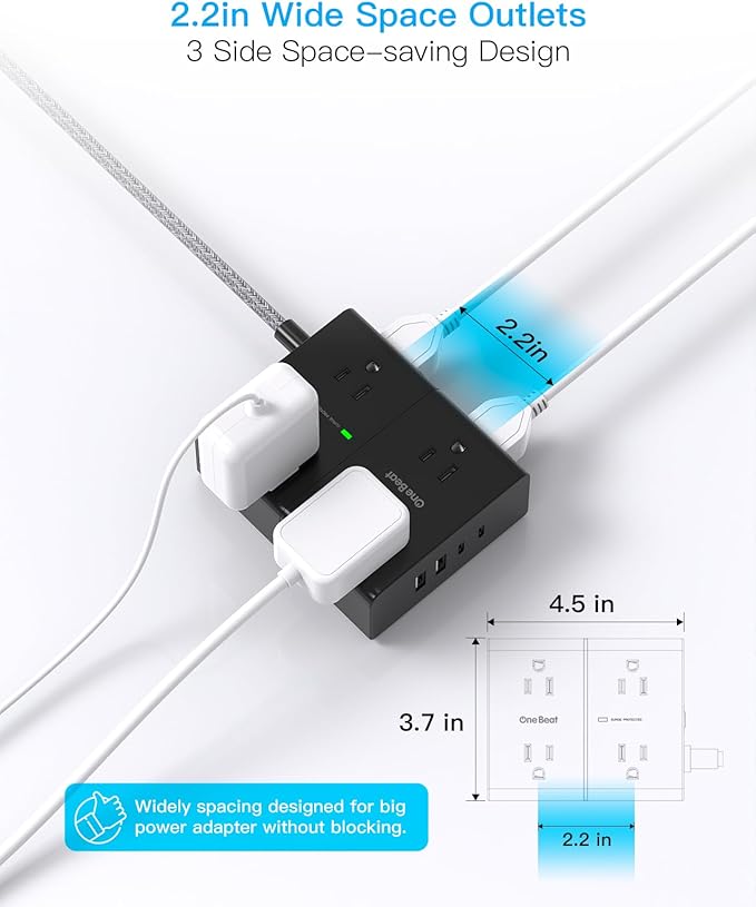 10Ft Extension Cord with Multiple Outlets, Flat Plug Power Strip Surge Protector 10 Ft Long Cord, 8 Outlet 4 USB Ports (2 USB C), Multi Outlet Wall Plug for Office, College Dorm Essentials - Black