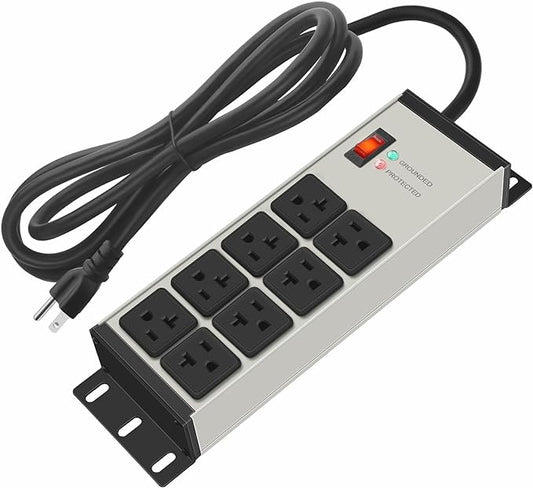 CCCEI Grey Heavy Duty Power Strip Surge Protector 20 AMP, 8 Outlets 12 Gauge Industrial Shop Garage Metal Multiple Outlets, 25 FT Extension Cord 5-15P Adapter High Amp 6-20R T-Slot 20a for Appliance