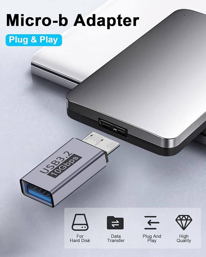Duttek USB A to Micro B Adapter 10Gbps, USB-C to Micro USB 3.2 Gen 2 Fast Charging Adapter Compatible with iPhone 15 Plus/15 Pro Max, WD My Passport External Drive 2 Pack