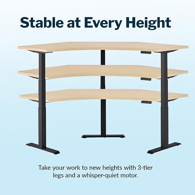 Vari Command Center Electric Standing Desk – 120° Curved Sit-Stand Gaming Desk Corner Workstation for Triple Monitors + Sloped Front Edge, 4 Height Settings, 200 lb Capacity (Light Wood/Black Legs)