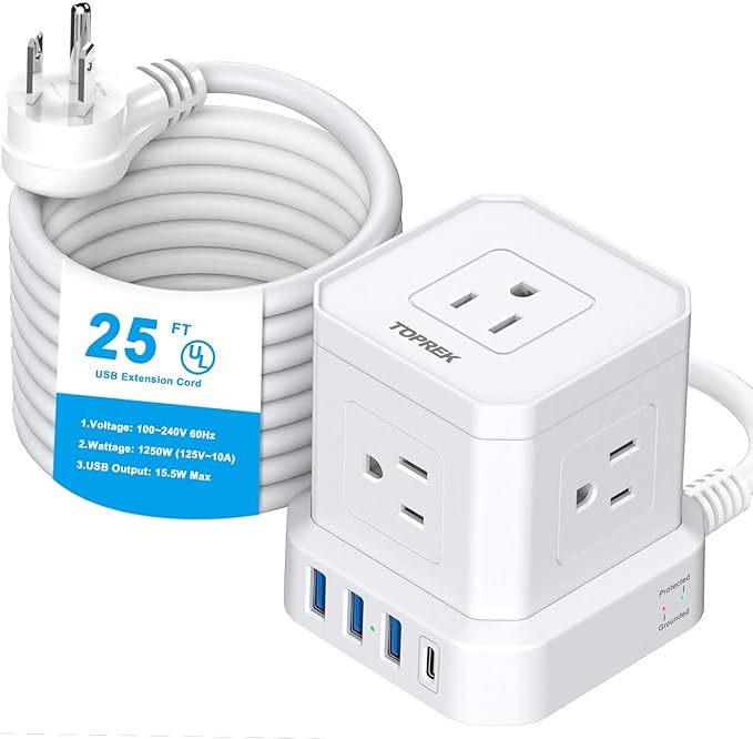 Extension Cord 25 FT, TOPREK 5 AC Outlets 4 USB, Power Strip with USB, USB C (15.5W/3.0A) Power Strip Surge Protector, Flat Plug Extension Cord for Apartment, Home Studio, RV