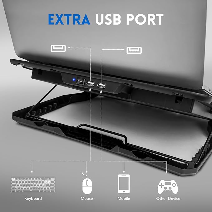 Laptop Cooling pad, ‌Coolertek Laptop Cooler with 5 Silent Fans, Adjustable Height Stand for 12-17 Inch Laptops, Ergonomic Cooling Stand with Dual USB Ports, Portable Cooling Accessories - Black
