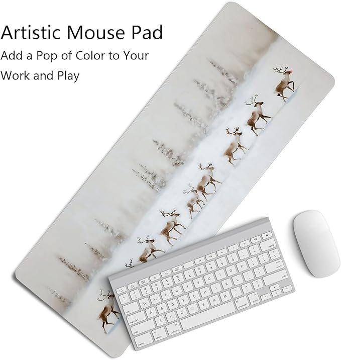 Winter Reindeer Mouse Pad,XL Large Vintage Winter Christmas Desk Mat,Christmas Desktop Decorations for Home Office Dorm,31.5x11.8 Inch