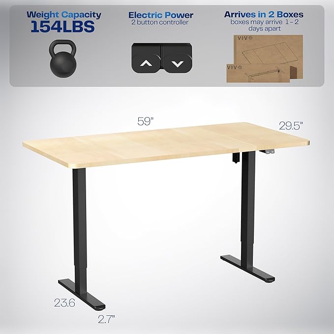 VIVO Electric 60 x 30 inch Stand Up Desk, Height Adjustable, Light Wood Top Black Frame, Home and Office Furniture Sets, DESK-KIT-0B6C