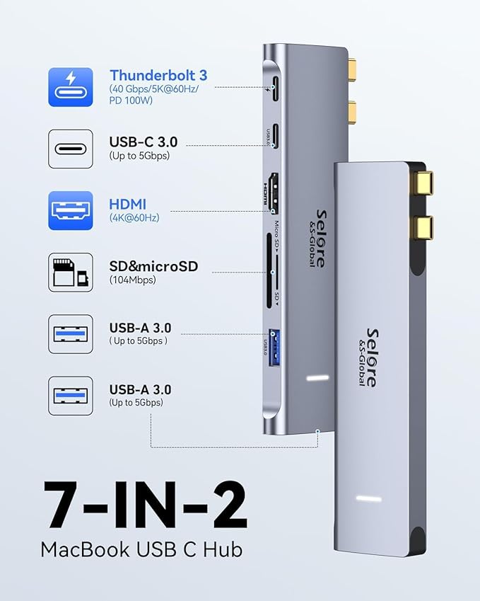 USB C Adapter HDMI Hub for MacBook Pro/Air M1 M2 M3 2024 2023 13" 15" 16",Mac USB Adapter 7-in-2, MacBook Accessories with HDMI,Thunderbolt 3, USB C and 2 A 3.0 Data Ports, microSD/SD Card Reader