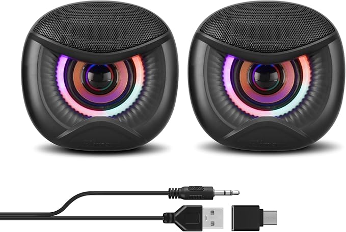 USB Computer Speakers, 3.5mm Aux Speaker and USB Powered Interface are Suitable for Desktop Laptop Monitor, Owl Eye Design, Includes a USB-C Adapter, Colorful Lights