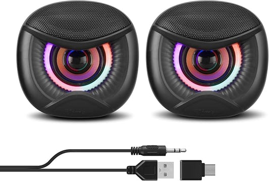 USB Computer Speakers, 3.5mm Aux Speaker and USB Powered Interface are Suitable for Desktop Laptop Monitor, Owl Eye Design, Includes a USB-C Adapter, Colorful Lights