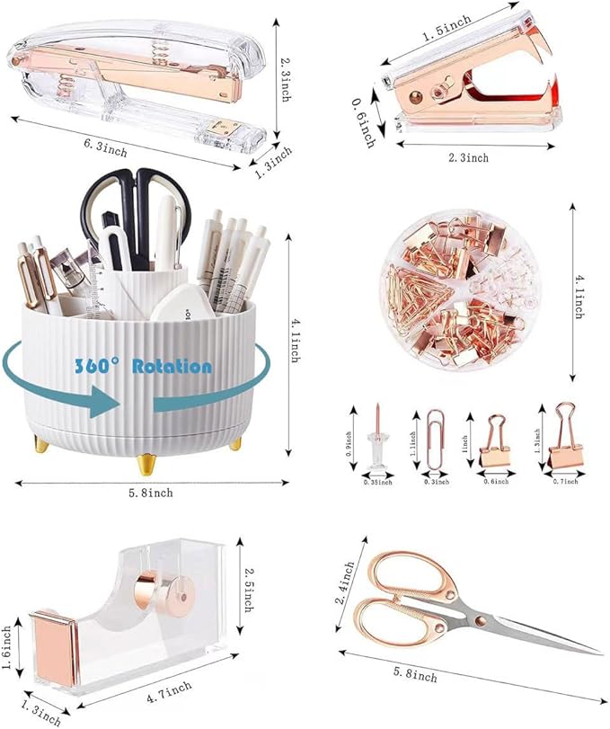 Desk Organizers and Accessories Set with 360-Degree Rotating Pen Holder, Acrylic Stapler, Tape Holder, Staple Remover, Binder/Paper Clips Kit, Scissor and 1 Box of Staples