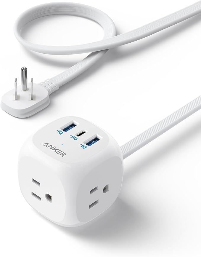 Anker 321 Power Strip with 20W USB-C, 3 Outlets and USB-C Charging for iPhone 15/14 Series, 5 ft Thin Cord and Flat Plug, Power Delivery, for Dorms, Home Office, Cruise, Travel, TUV Listed