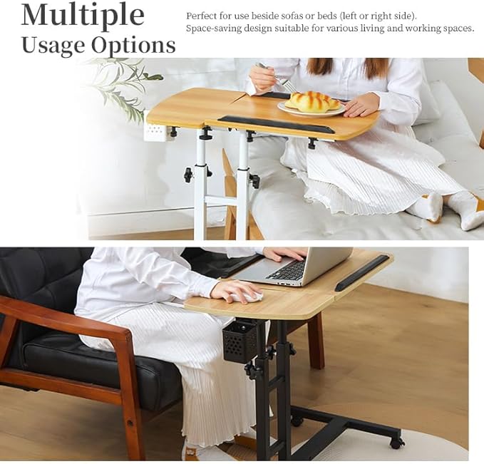 Adjustable Overbed Laptop Table Tilting Top with Mouse Pad, Height Adjustable Rolling Bedside Desk with Wheels for Home, Hospital, Sofa Use - Dark Blond Wood