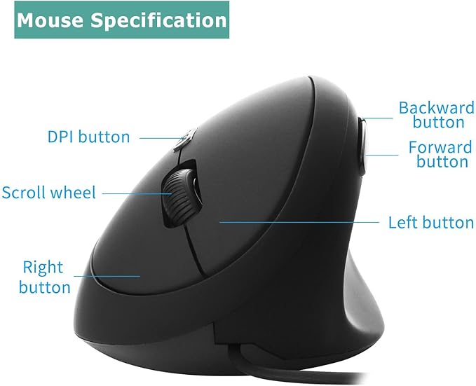 Wired Vertical Mouse, Ergonomic Optical USB Cord PC Gaming Mice 800-1200-1600 DPI Portable Silent Mause for Laptop Desktop Office Use (Black)