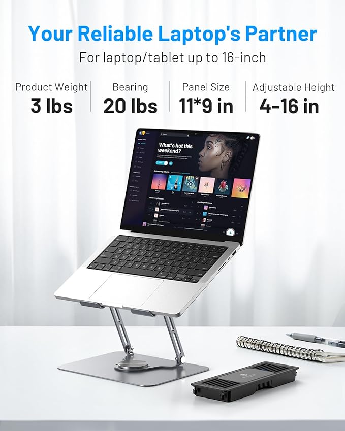 Laptop Cooling Pad with Detachable Fan & Cooler, Adjustable Height & Angle, 360 Rotation Base, Carbon Steel Framework, Ultra-Quiet & Super Sturdy for 15.6” Laptop, DJ Mixer Workstation (Grey)