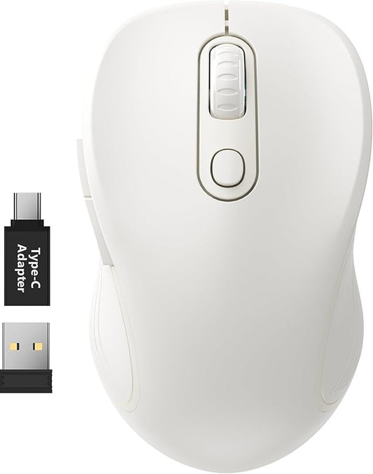 WisFox 2.4G Wireless Mouse for Laptop, Ergonomic Computer Mouse with USB Receiver and Type-C Adapter, 3 Adjustable Levels DPI, 6 Button Cordless Wireless Mice (Pure White)