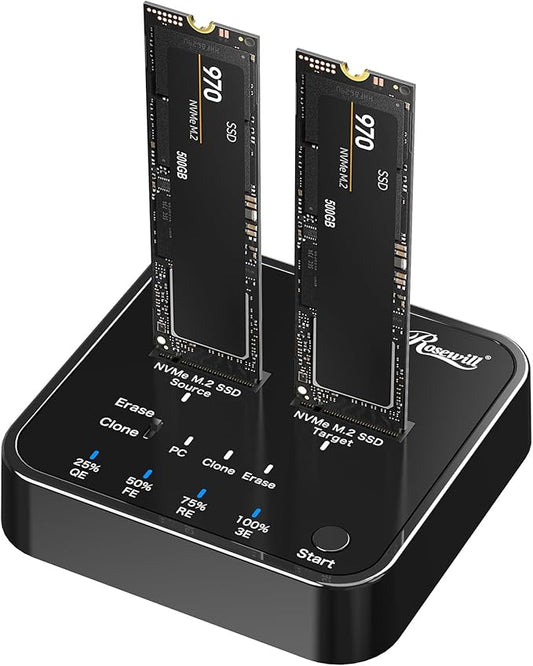 Rosewill M.2 NVMe Cloner + Eraser, M.2 Duplicator Dual Bay NVMe Enclosure, Tool-Free 20Gbps USB3.2 Gen 2X2 SSD to USB Adapter M.2 Docking Station for M Key PCIE NVMe SSD Reader, Offline Clone & Erase