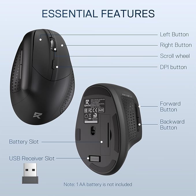 Redragon BM-4033 Wireless Vertical Ergonomic Mouse, 2.4GHz Connection, 5 Levels Up to 4000 DPI, Auto Power Saving Mice for Laptop, Desktop, PC, Black