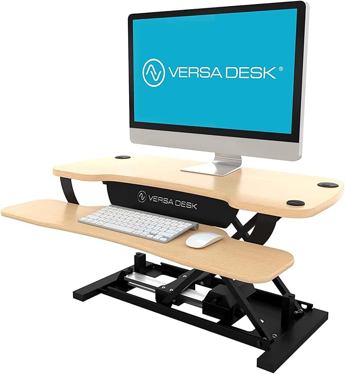 VERSADESK Electric Standing Desk Converter, 36 Inch PowerPro™ Height Adjustable Sit Stand Desktop Riser with Keyboard Tray, Built-in USB Charging Port, Holds 80 lbs, Push-Button Switch, Maple