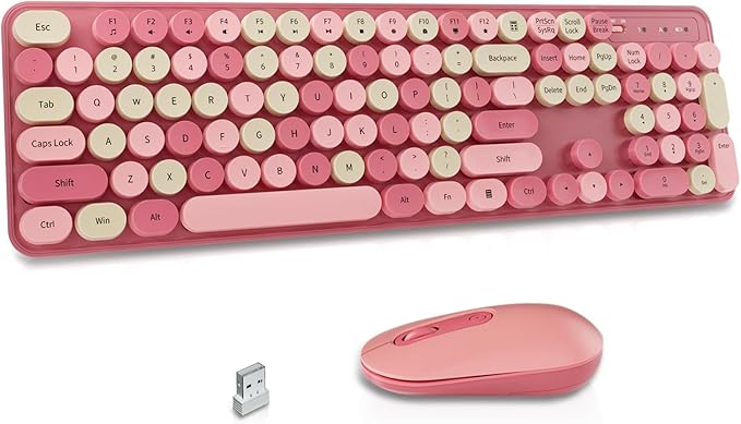 Wireless Keyboard and Mouse Combo, Round Keycaps, Retro Typewriter Keyboard Silent, Auto Sleep, 2.4G Wireless Connection for PC/Windows/Mac (Pink)