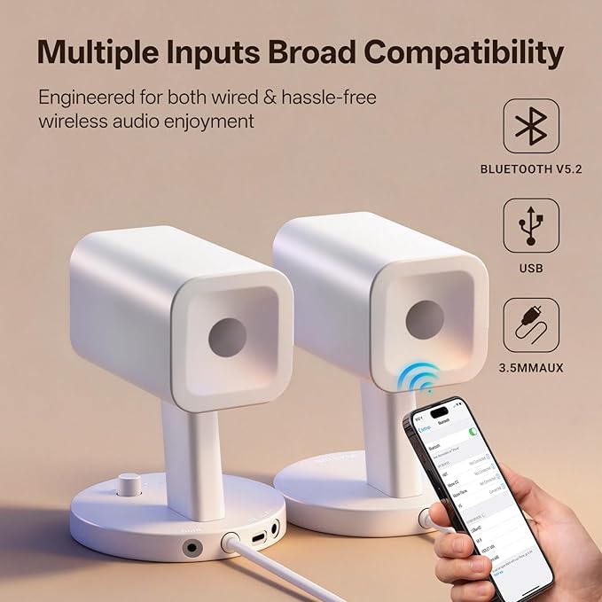 Sanyun SW202 24W Compact Computer Speakers, DSP 3 Modes 16bit USB DAC Bluetooth 5.2, 2.0 PC Multimedia RGB Gaming Speakers for Desktop Monitor Laptop, (Game/Movie/Music, White)