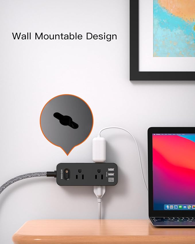 10 FT Black Extension Cord, BESHON Surge Protector Power Strip with 6 Outlets 3 USB Ports(1 USB C), 3-Side Outlet Extender, Flat Plug, Wall Mount for Home, Office, Travel, and Dorm Essential