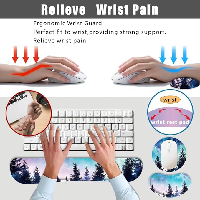 4 in 1 Large Keyboard Mouse Pad Set,Ergonomic Keyboard Wrist Rest Pad,Wrist Support Mousepad Set,Cup Coaster,Extended Desk Mat for Home Game Women Office Desk Decor Accessories(Night Sky)