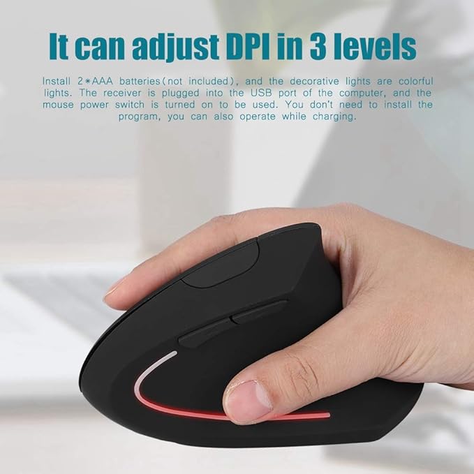 Mugast 2.4GHz Mouse,Ergonomic Left Handed Vertical Mouse,6 Keys Optical Mouse with Nano USB Receiver,800/1200/1600 Adjustable DPIs,for Laptop PC Computer/for/for Linux