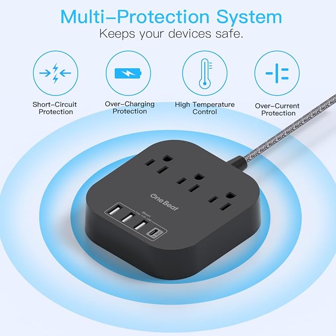 Power Strip - 10ft Long Extension Cord with USB C Ports, 3 Outlets 4 USB Desktop Charging Station, Flat Plug Power Strip Non Surge Protector for Cruise Ship, Travel Essetials, ETL Listed, Black