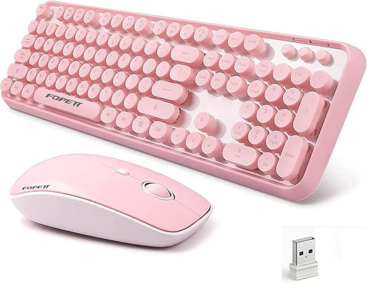 Wireless Keyboard and Mouse Combo - Cute Colorful Keyboard and Mouse, Retro Typewriter Keyboard with 2.4GHz Plug & Play, for Windows 11/10/7, Laptop, PC (Pink)