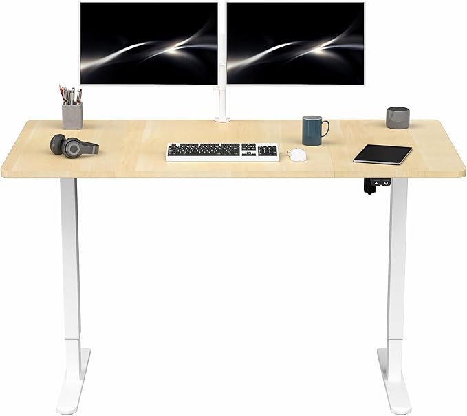 VIVO Electric 60 x 30 inch Stand Up Desk, Height Adjustable, Light Wood Top White Frame, Home and Office Furniture Sets, DESK-KIT-0W6C