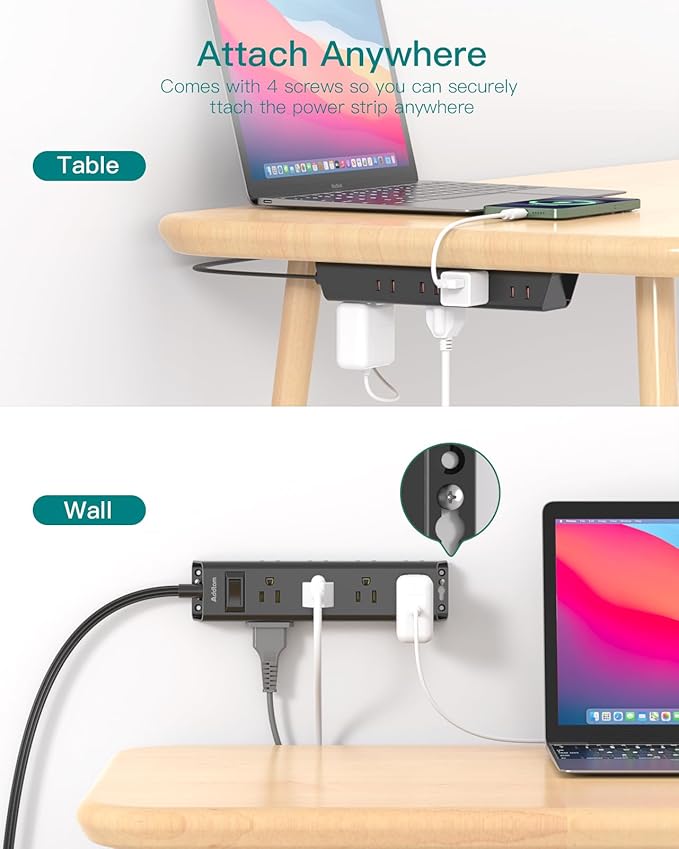 6Ft Surge Protector Power Strip - Flat Extension Cord, Addtam 12 Widely 3 Sides Outlet Extender, Wall Mount, Desktop Charging Station for Home Office College Dorm Room Essentials, Black