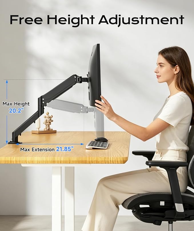Gas Spring Monitor Arm 35 Inch,Adjustable Single Monitor Desk Mount with Swivel/Tilt/Rotation,Computer Monitors Stand Holder with Clamp Mounting Base, VESA Mount Bracket