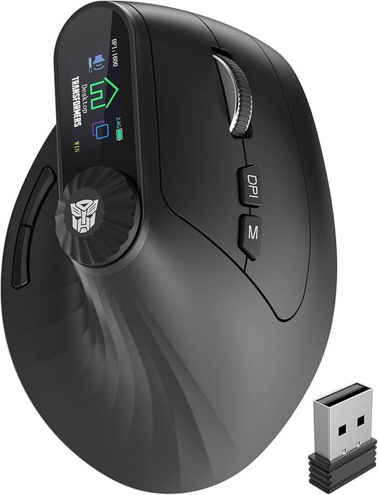 Transformers Vertical Ergonomic Mouse with LED Screen & Knob Control, Rechargeable Vertical Mouse Wireless, 3-Device Connectivity (2.4G + Dual Bluetooth), Quiet Clicks, Computer Mice for PC/Mac/Laptop