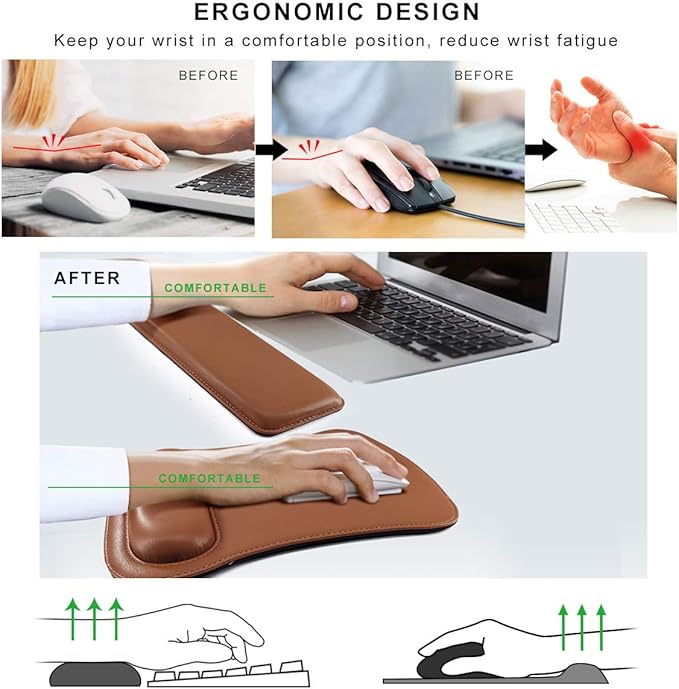 Cacoy PU Leather Mouse Pad with Wrist Support and Keyboard Wrist Rest Set for Gaming, Office, PC Computer Laptop, Ergonomic Memory Foam Non Slip Rubber Wrist Support Relief Pain (Brown)